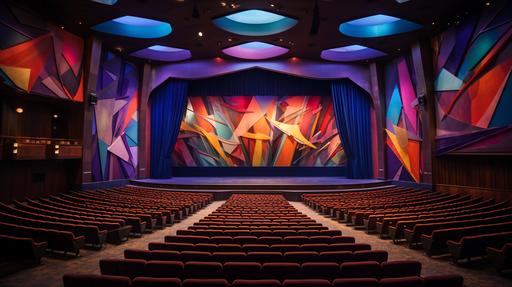 mid-century modern art deco style movie theater featuring bold shapes and bright contrasting colors. The auditorium was equipped with comfortable purple velvet seats and state-of-the-art sound systems. The balcony provided a unique viewing experience with a bird's eye view of the entire theater. --ar 16:9 --v 5.2 --s 358 --c 29