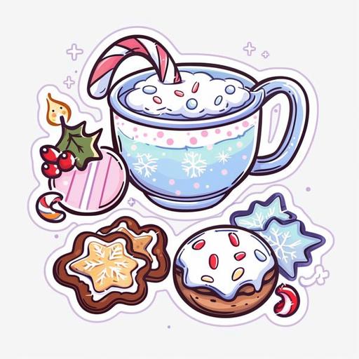 milk cookies and candy stickers, in the style of frostpunk, line drawings, y2k aesthetic, snow scenes, datamosh, xmaspunk, melting pots