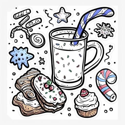 milk cookies and candy stickers, in the style of frostpunk, line drawings, y2k aesthetic, snow scenes, datamosh, xmaspunk, melting pots
