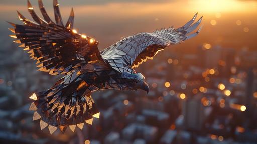 A striking and beautiful photograph, of an eagle flying above a city from above. The eagle is made of silver metal and the feathers are made of hexagonal shapes illuminated by warm lights from a distant sun --ar 16:9