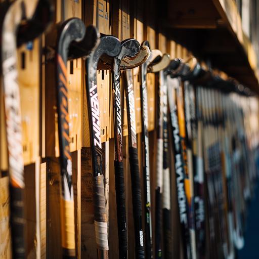 a stunning photo of a close-up of many women's field hockey sticks, lined up before a game, wooden panels, hockey sticks, lockers, sunlight through windows, magic hour