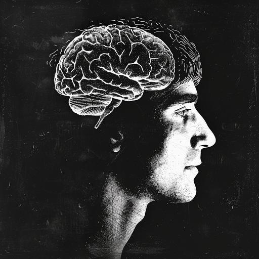 simplified graphic brain illustration in the silhouette of a man's head, in profile, scratchboard art style, black and white
