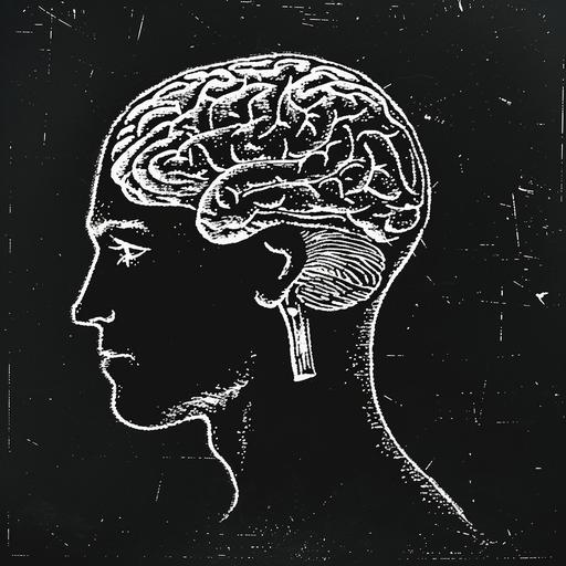 simplified graphic brain illustration in the silhouette of a man's head, in profile, scratchboard art style, black and white