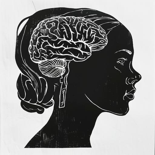 simplified graphic brain illustration in the silhouette of a women's head, in profile, scratchboard art style, black and white