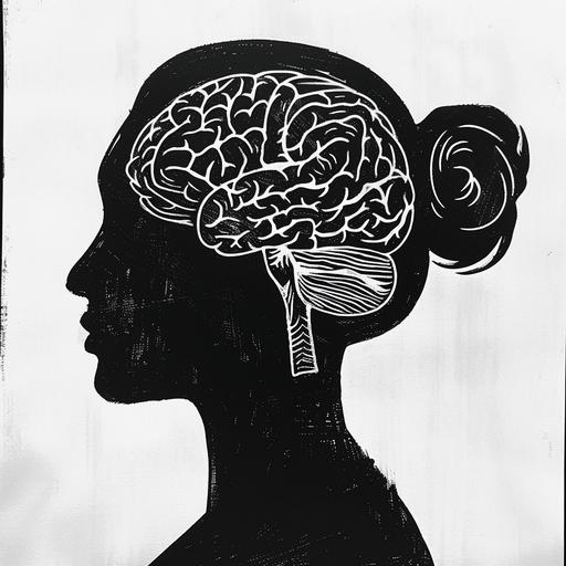 simplified graphic brain illustration in the silhouette of a women's head, in profile, scratchboard art style, black and white