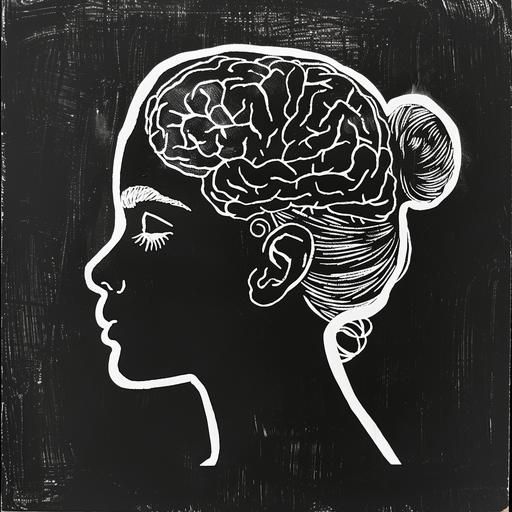 simplified graphic brain illustration in the silhouette of a women's head, in profile, scratchboard art style, black and white