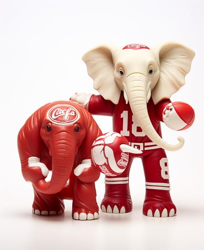 old 90s McDonald toy figurines of elephants with american footballs, crimson & white theme, small on white background, hyper-real, realistic studio photography, happy-meal toys, 4K, DOF --ar 9:11