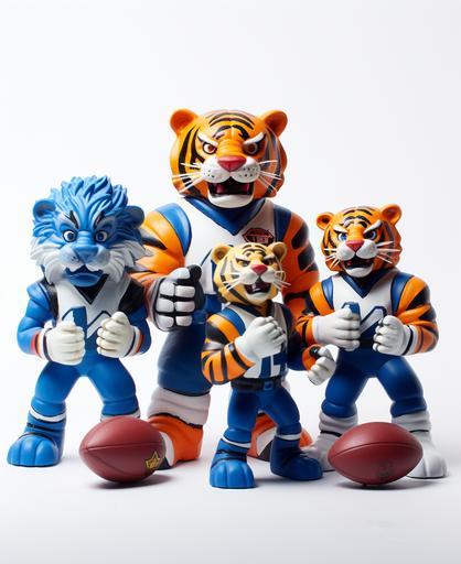 old 90s McDonald toy figurines of tigers with american footballs, blue & orange theme, small on white background, hyper-real, realistic studio photography, happy-meal toys, 4K, DOF --ar 9:11