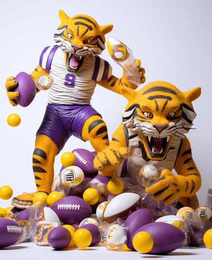 old 90s McDonald toy figurines of tigers with american footballs, purple & yellow theme, small on white background, hyper-real, realistic studio photography, happy-meal toys, 4K, DOF --ar 9:11