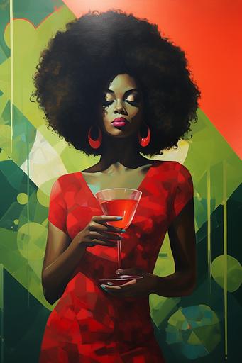 painting of African woman with big afro wearing bright red bodycon dress holding one cocktail glass with one olive in the cocktail painted in abstract contemporary art style using muted colors mainly green and red --ar 2:3