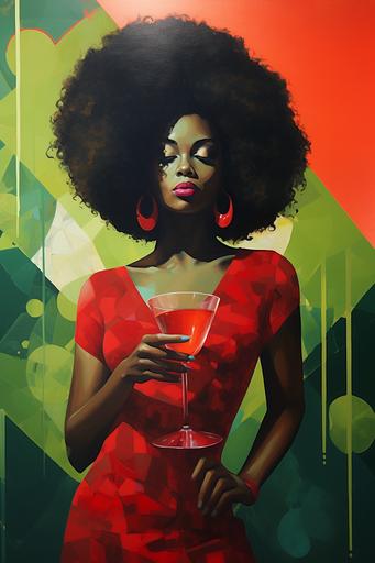 painting of African woman with big afro wearing bright red bodycon dress holding one cocktail glass with one olive in the cocktail painted in abstract contemporary art style using muted colors mainly green and red --ar 2:3