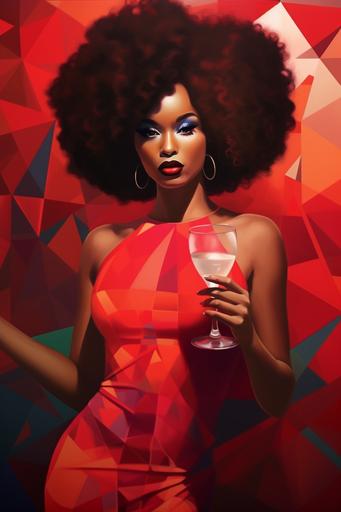 painting of African woman with big afro wearing bright red bodycon dress holding a cocktail glass painted in abstract contemporary art style using muted colors --ar 2:3