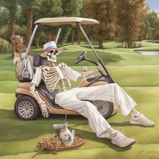 photo of a full figure human skeleton, dressed in polo shirt and light slacks, golf shoes, golf hat, holding a golf club, lying on the lush grass of a golf course, next to a golf hole and a golf cart