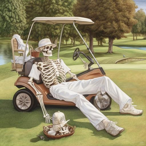 photo of a full figure human skeleton, dressed in polo shirt and light slacks, golf shoes, golf hat, holding a golf club, lying on the lush grass of a golf course, next to a golf hole and a golf cart