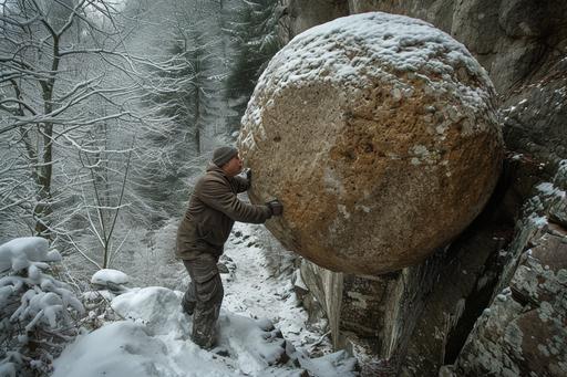 photograph of some dude named sisyphean that's causing a ruckus by pushing this big round boulder up a 35 degree angle, winter forest environment --ar 3:2 --v 6.0 --c 24 --s 213 --style raw
