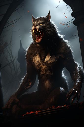 photorealistic image of an menacing anthropomorphic cat vampire, growling evil and twisted face, lip is raised, showing long pointy teeth dripping blood, sitting like a person with crossed legs atop a crumbling gravestone in a spooky graveyard, sitting like a person with crossed legs, moon is high and full, casting light and shadow over the thick fog-covered ground, the cat's pure white fur almost glowing in the moonlight, except for a patches of dripping red blood on the front chest and mouth area, rich brightly glowing blue eyes with a charismatic gaze toward me, ancient tombstones and bare twisted trees create a haunting atmosphere, Created Using: moonlit fog effect, ghostly fur texture, blue eye luminance, ancient gravestone detail, eerie atmosphere, stillness ambiance --ar 2:3 --c 34 --s 841 --style raw --v 5.2