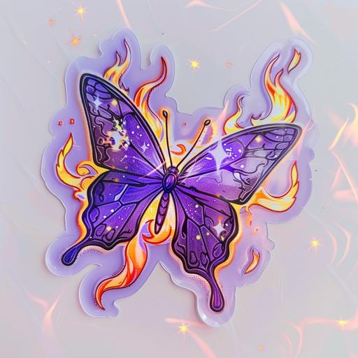 purple butterfly on fire sticker, in the style of anime aesthetic, soft outlines, seb mckinnon, ilford pan f, delicate