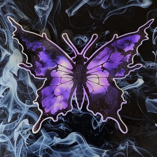 purple butterfly on fire sticker, in the style of anime aesthetic, soft outlines, stencil-based, ilford pan f, captivating, skeletal