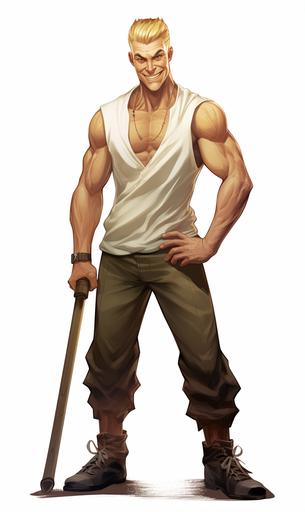 scary looking blond haired Russian debt collector/mobster with Slavic face, holding baseball bat, grin with a golden tooth, white tank top, dark sweatpants with vertical white stripes on sides, aggressive posture, having few thick golden necklaces, cartoon character, drawing, full body, caricature, solid white background --ar 3:5
