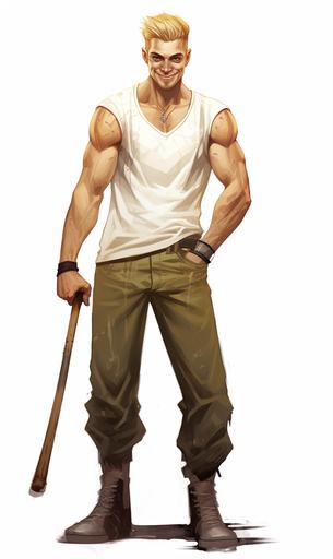 scary looking blond haired Russian debt collector/mobster with Slavic face, holding baseball bat, grin with a golden tooth, white tank top, dark sweatpants with vertical white stripes on sides, aggressive posture, having few thick golden necklaces, cartoon character, drawing, full body, solid white background --ar 3:5
