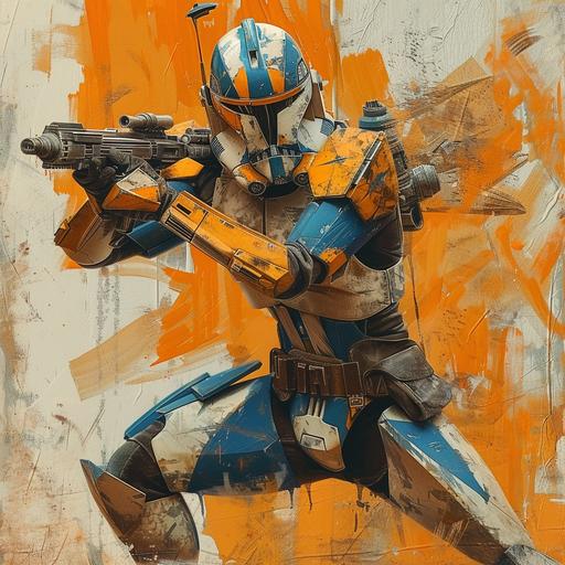 star wars the clone wars, in the style of dark azure and orange, mysterious beauty, striped painting, exaggerated poses, light beige and dark aquamarine, stylish costume design, mind-bending murals
