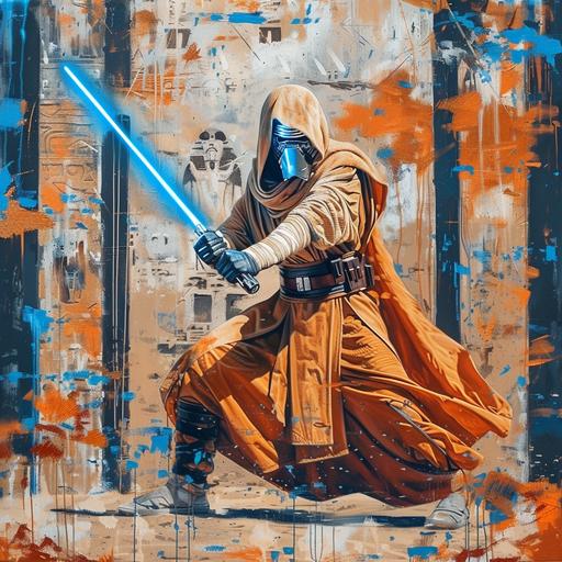 the character of the jedi, wielding lightsabers, in the style of dark sky-blue and orange, mysterious beauty, princesscore, vibrant murals, 32k uhd, light beige and dark aquamarine, ancient egypt
