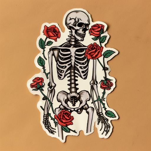 the skeleton with roses sticker, in the style of bold outlines, flat colors, drugcore, romantic emotivity, twisted, graffiti-inspired, poignant, rtx on --v 6.0