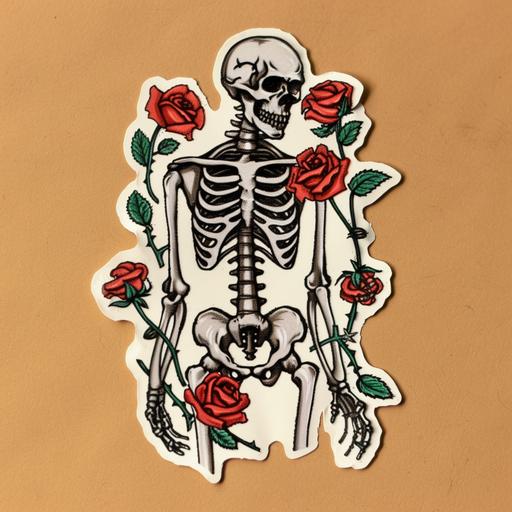 the skeleton with roses sticker, in the style of bold outlines, flat colors, drugcore, romantic emotivity, twisted, graffiti-inspired, poignant, rtx on