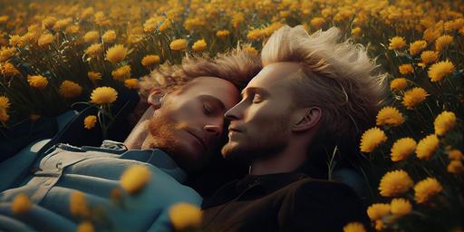 🪞 🚨 two hunky gay men kiss tenderly while reclining in wildflowers on a sunny afternoon, laughing, wind motions, dandelions, dramatic lighting, full-body view, for a Dreamlike movie about a colorful dark spirituality, photo by Oleg Oprisco, wide angle lens, 70mm lens, analog film, photorealistic, medium full shot, dreamy lighting, full body photo, perfect corporal proportions, --ar 2:1 --upbeta --q 2 --v 4