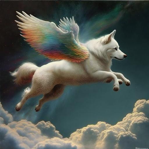 - white wooly husky faced Pegasus flying on top of a rainbow.