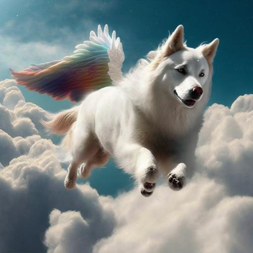 - white wooly husky faced Pegasus flying on top of a rainbow.