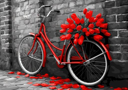 A vector art of a vintage bicycle leaning against a brick wall, in shades of monochrome. Add a splash of color with a basket full of tulips in vivid scarlet --ar 7:5 --sref  --v 6.0 --s 250 --style raw