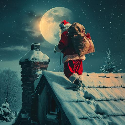 carrying a big bag fulling of gifts on his back, Santa stand on the rooftop, trying to get into the cold, no-fire, no-smoke chimney of a cottage, no windows, dark inside. natural light from the big full moon and stars in the background. screensaver wallpaper --v 6.0