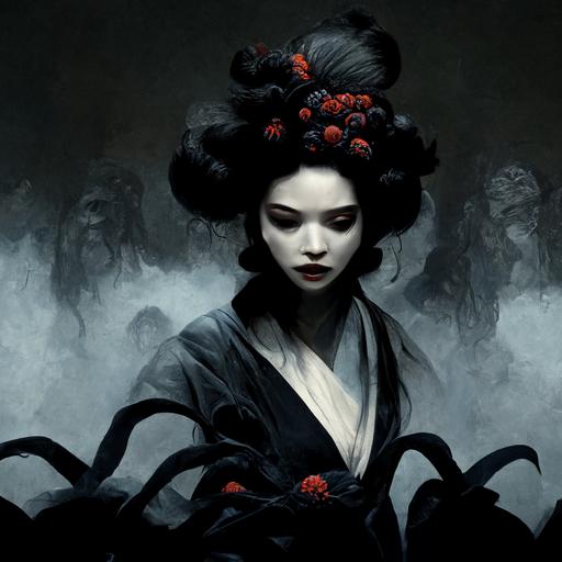 geisha surrounded with black tentacles, in background monstrous dark carnage evil vampire father silhouette, carnage, gritty, lonely, death, --q 2