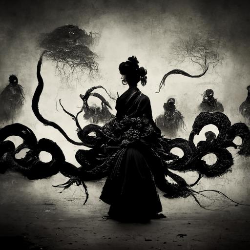 geisha surrounded with black tentacles, in background monstrous dark carnage evil vampire father silhouette, carnage, gritty, lonely, death, --q 2