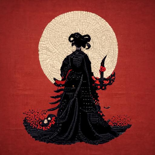 vampire fangs geisha, surrounded with black tentacles, pixel art, 16 bit, evil vampire father silhouette