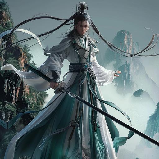 13 year old girl, samurai pose, on long sword, action, plush green misty shen mountains in the background, donghua, character