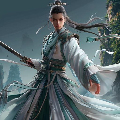 13 year old girl, samurai pose, on long sword, action, plush green misty shen mountains in the background, donghua, character
