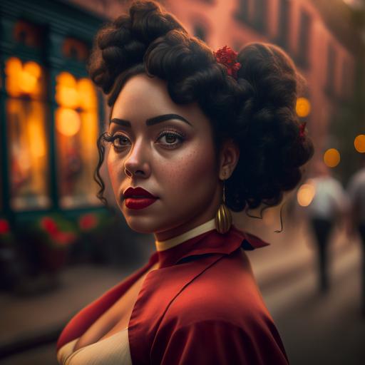 as the most beautiful 1950s cinnamon-skinned Rubenesque woman   Chesnut hair in a pompadour   freckles on her cheeks   walking through an olde town aesthetic in a red tulle skirt   full figured   dark academia aesthetic  hyper detailed, intricate details  photorealistic  sharp focus   cinematic lighting   Sony a7R IV camera, Meike 85mm F1.8   hyper realistic   Artstation   Gonzalo canepa