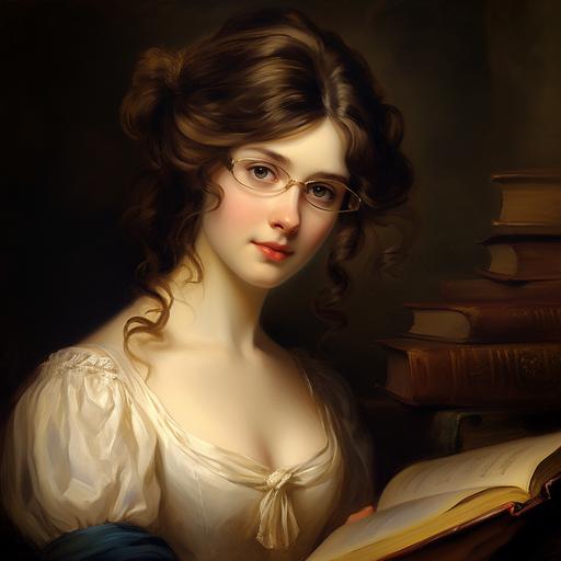 , 1810 Regency Scotland, pretty brown - haired, blue - eyed, lady, wearing a Regency dress, wearing spectacles, reaching for a book in a library, photorealistic, Thomas Gainsborough