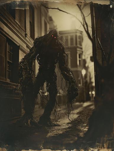 1920s ferrotype of an Golem a 2 meter tall muscular creature made of dirt mud and decaying plants, glowing red eyes, walking in victorian street, at night ,lovecraftian, maximalism,dirty enviroment, crime scene photography by Eugène Atget --ar 3:4 --v 6.0