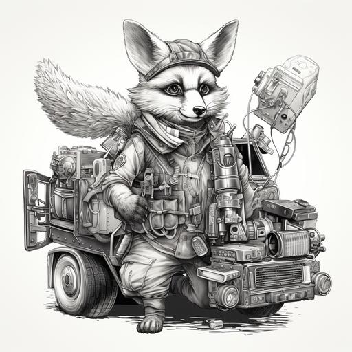 a military winged fox carry a military bagpack with a radio and working tools, the fox drive in a military jeep - black and white drew