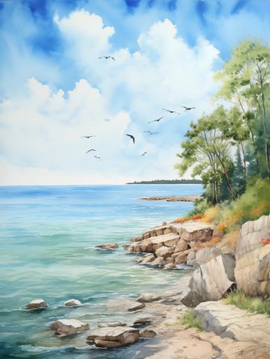 Lake Michigan watercolor painting, lake, rock shoreline, birds in the sky, lands-cape, 300 dpi, «4k», --ar 3:4