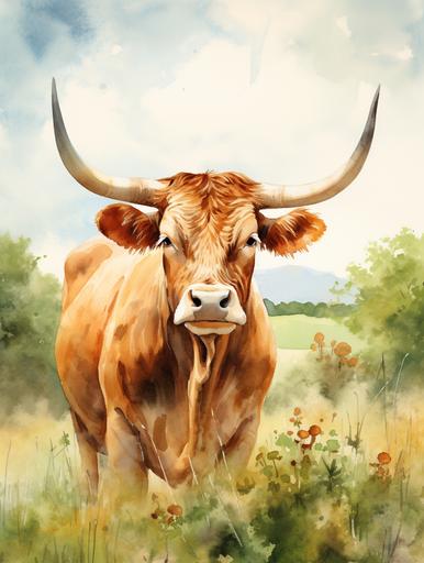 Texas bull, on green landscape bachground, watercolor style, blur effect, 300 dpi, 