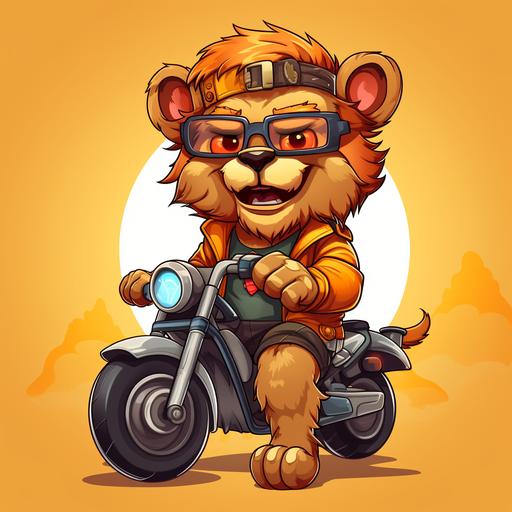 2d illustration of lion in cartoon style with happy face , angry face ,2d vector art, game design, mascot design ,cartoon logo, full body face detailing, riding a heavy bike ,full body scaling, wearing helmet and sun glasses,