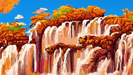 2d pixel art background of a waterfall, nes game, balanced color palette, snk pixel art, lion king, beautiful, extremely detailed --ar 16:9 --v 2 --hd