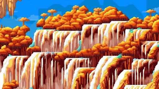 2d pixel art background of a waterfall, nes game, balanced color palette, snk pixel art, lion king, beautiful, luminism --ar 16:9 --v 5 --no animals, creatures