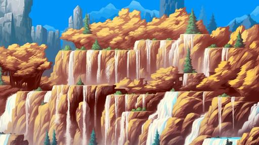 2d pixel art background of a waterfall, nes game, balanced color palette, snk pixel art, lion king, beautiful, luminism --ar 16:9 --no animals, creatures --v 5.2
