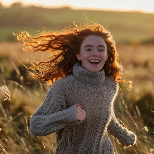 30 year old redhead wearing wool sweater running in Irish fields laughing, photograph, backlit sunset, autumn --v 6.0