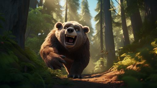3D animated film, style by Pixar, wide-angle shot, scary rabid bear in the forest. --ar 16:9